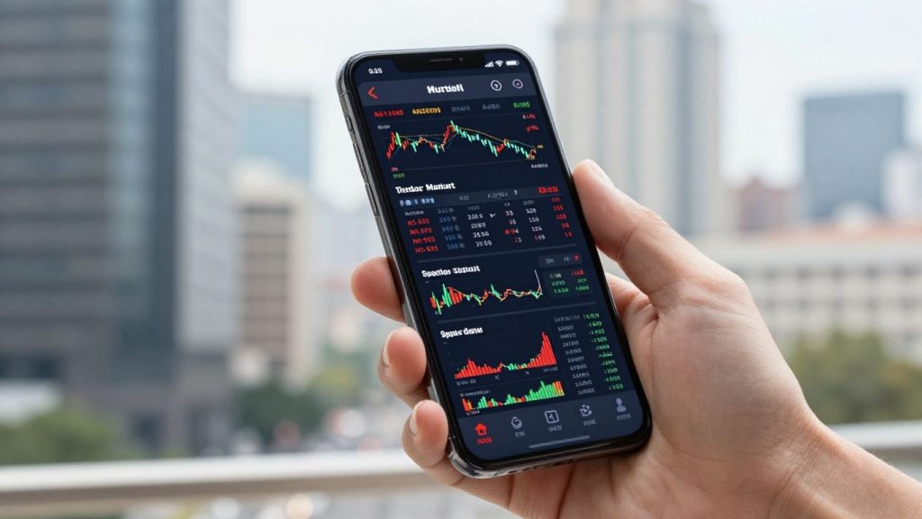 Hand holding smartphone with stock market data.
