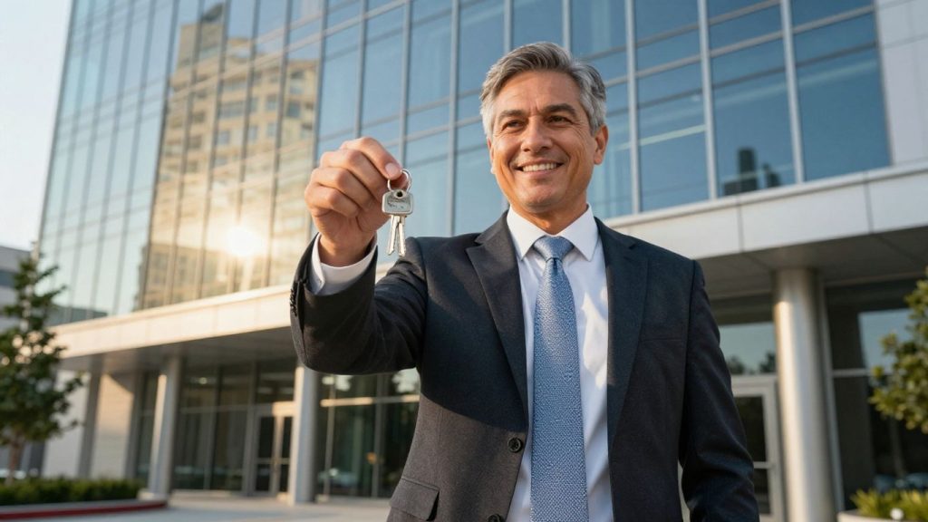 Texas real estate broker in front of office building with keys.