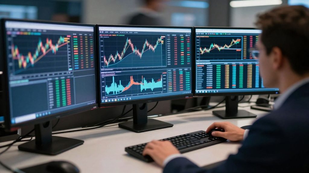 Day trading platform screens and equipment.