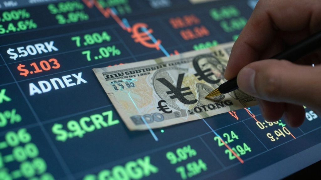 Forex options trading concept with currency symbols and market movement.