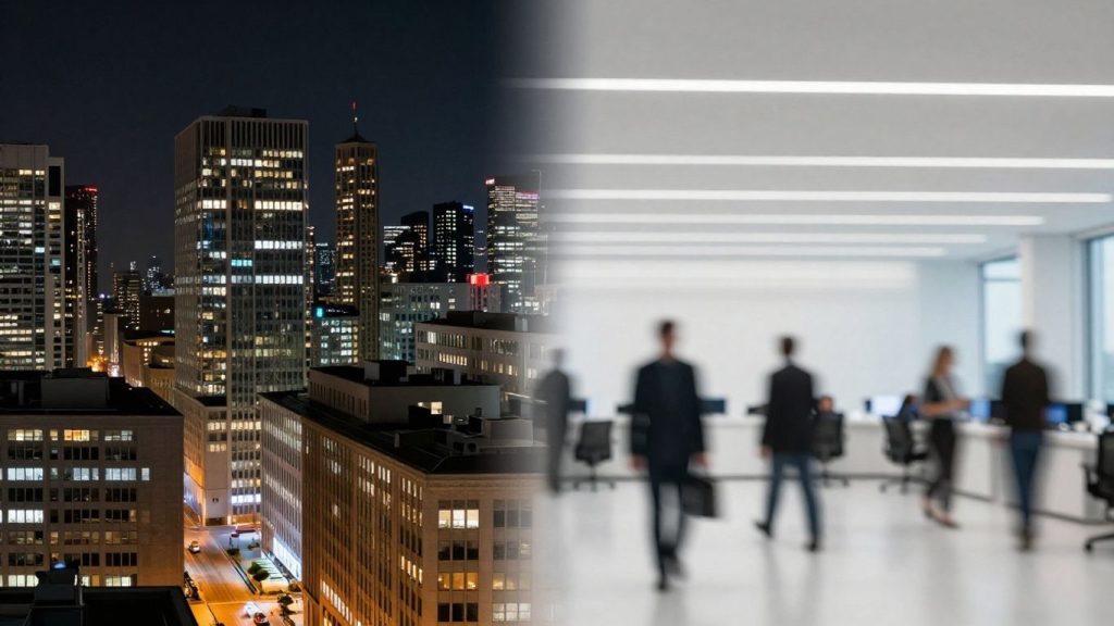 Night and day trading floor contrast