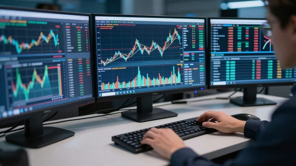 Modern trading desk with glowing monitors and active hands.