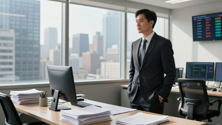 Stockbroker in office with city view.