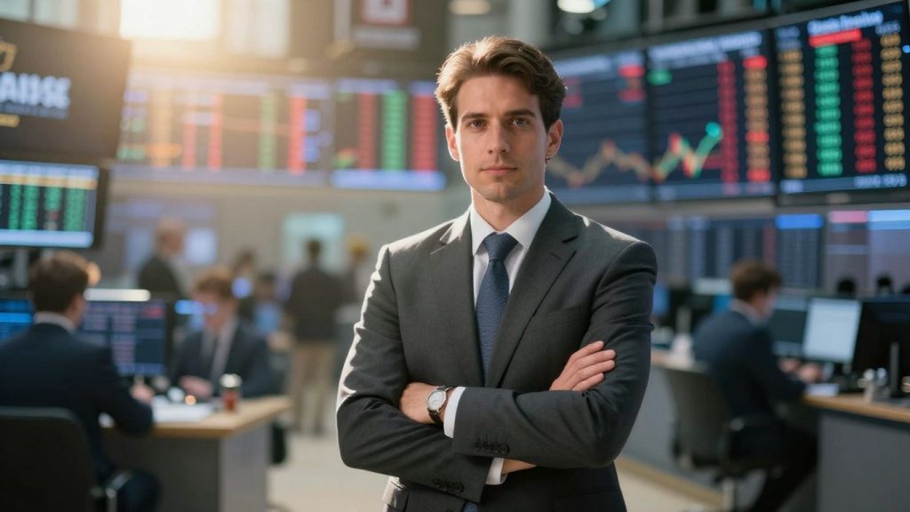 Stockbroker in a suit at the stock exchange.