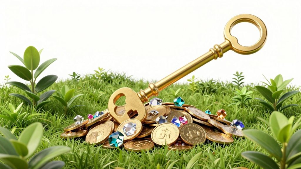 Golden key unlocking treasure chest with growing plants.