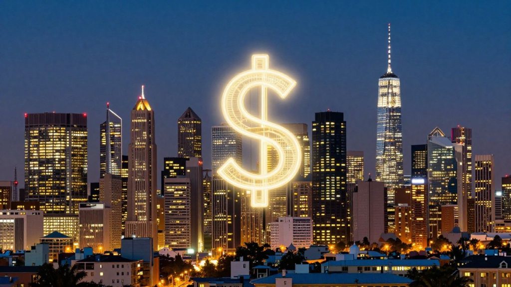 Global city skylines with glowing currency symbols.