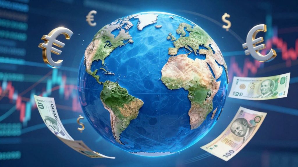 Forex trading concept with globe and currency symbols.