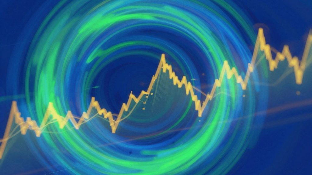 Abstract market currents with golden light flares.