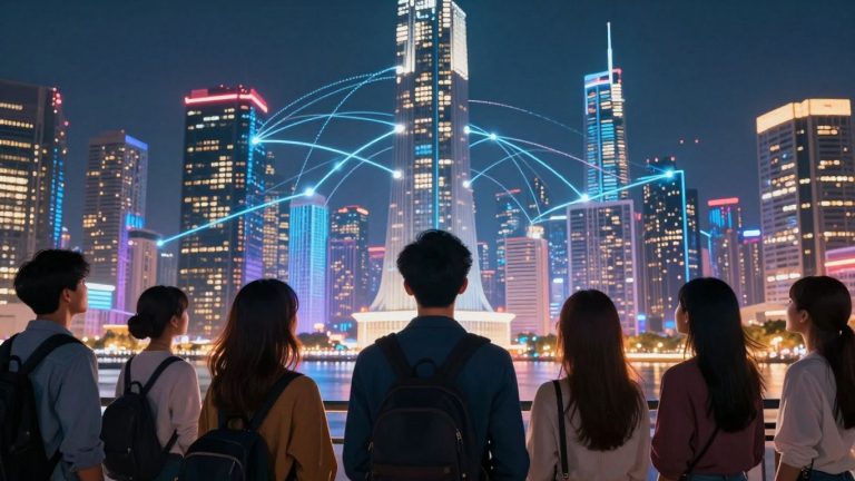 Futuristic city skyline with digital streams and excited people.