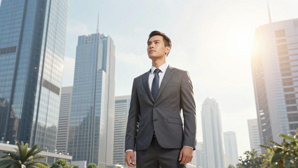 Person looking at city skyline, symbolizing financial success.