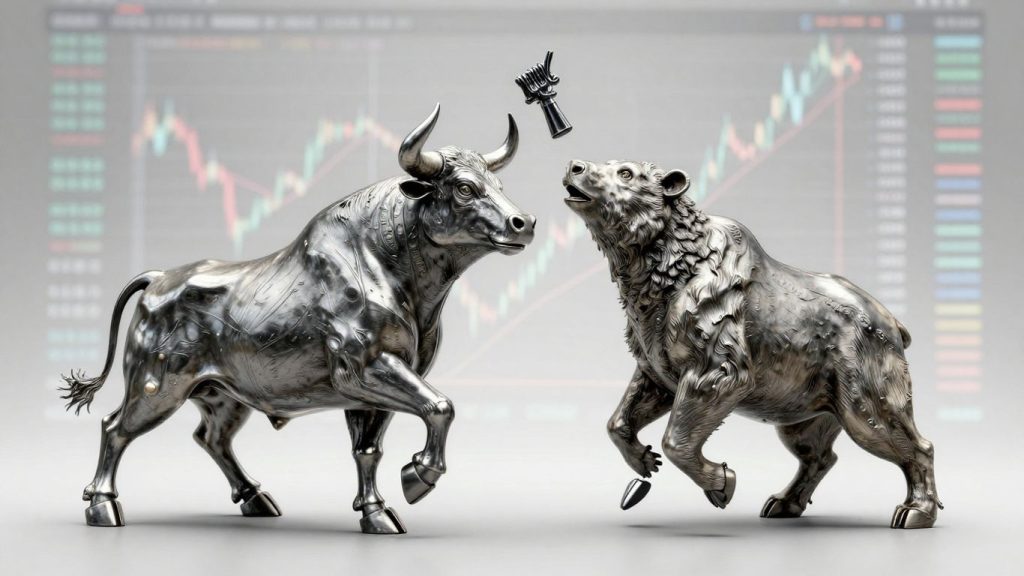 Bull and bear in a stock trading battle.