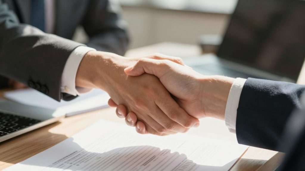 Handshake signifying career success in finance.