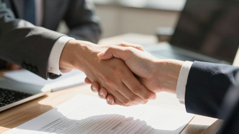Handshake signifying career success in finance.