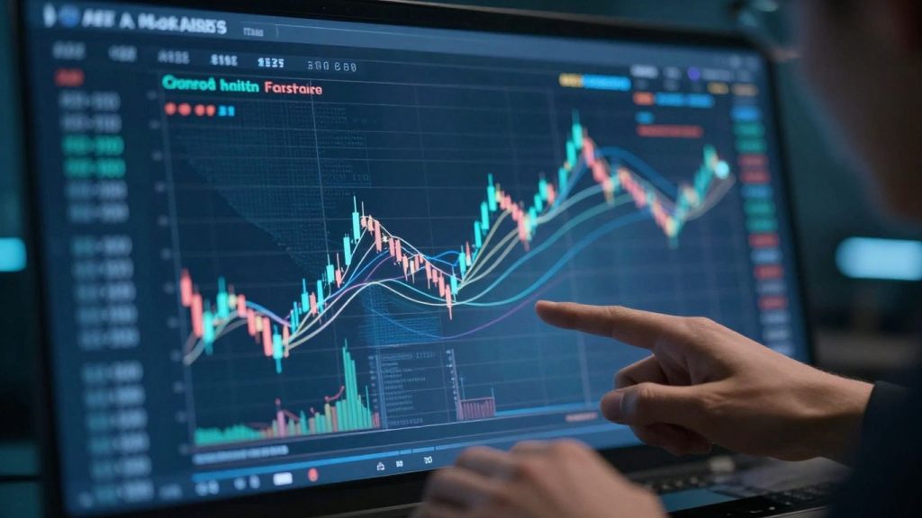 Forex trading platform interface with global market elements.