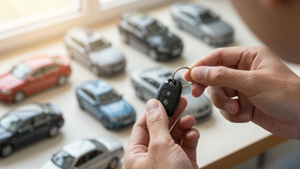 Person choosing a car key with various cars in background.