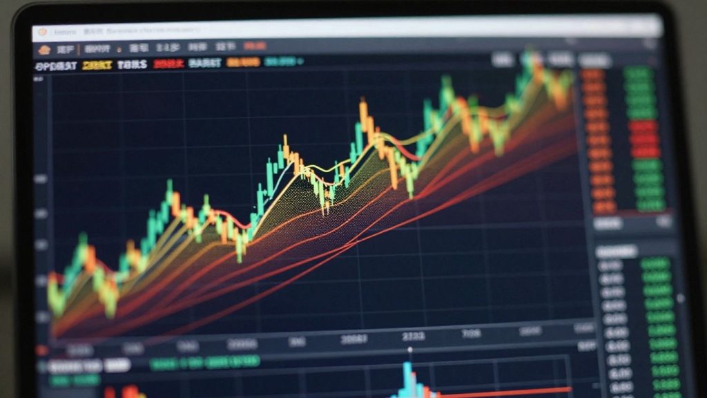 Financial trading platform screen with abstract data visualization.
