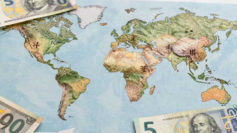 Forex trading symbols and global finance imagery.