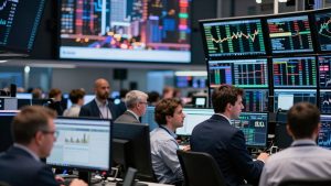 Traders reacting to financial news on a busy trading floor.