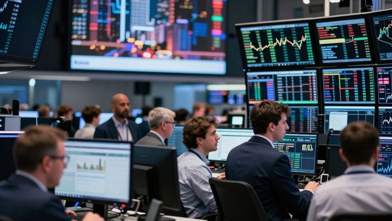 Traders reacting to financial news on a busy trading floor.
