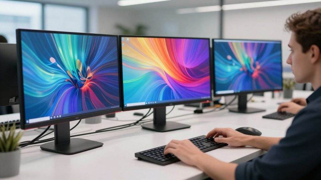 Modern workspace with monitors and a hand on a keyboard.
