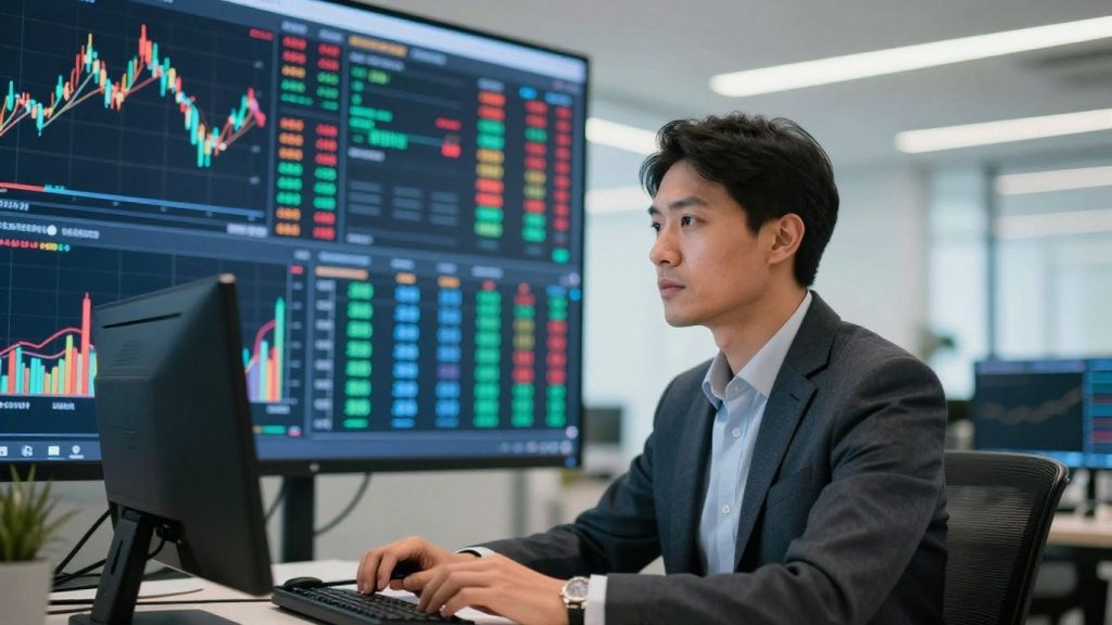 Forex trader looking at market data on a screen.