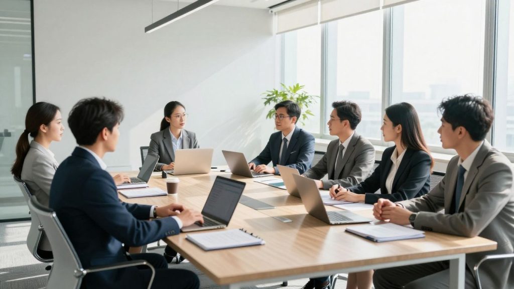 Professionals collaborating in a modern office environment.