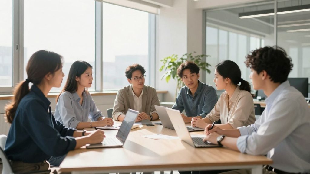 Professionals collaborating in a bright, modern office environment.
