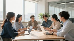 Professionals collaborating in a bright, modern office environment.