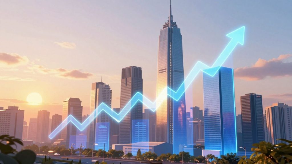 Stock market growth icons rising from a city skyline.
