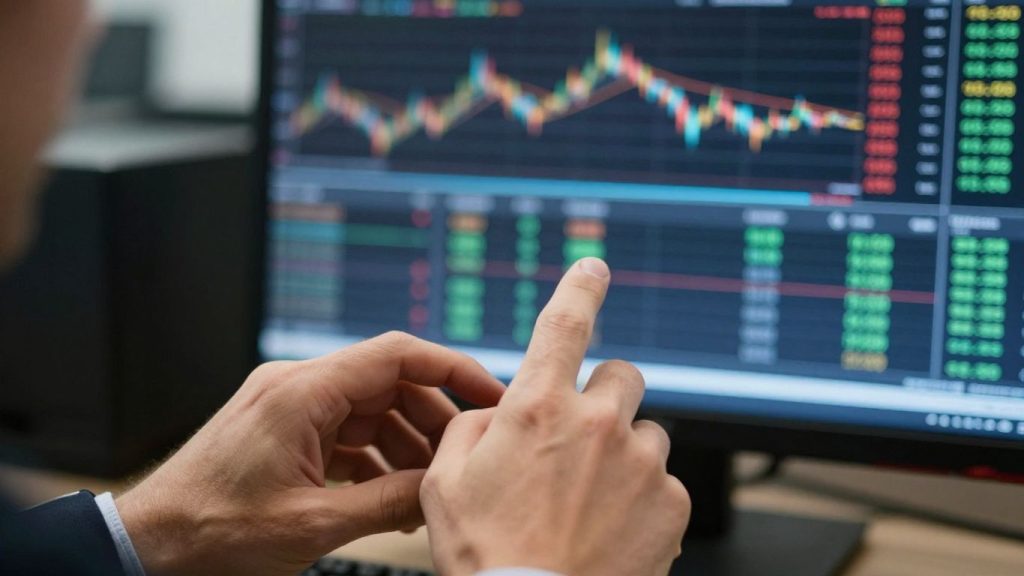 Trader's hands on keyboard, screen glow, financial data.
