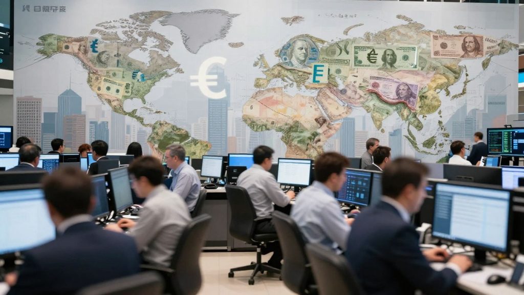 Global financial markets with currency exchange activity.