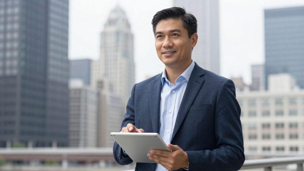 Chicago insurance broker with tablet and city background.