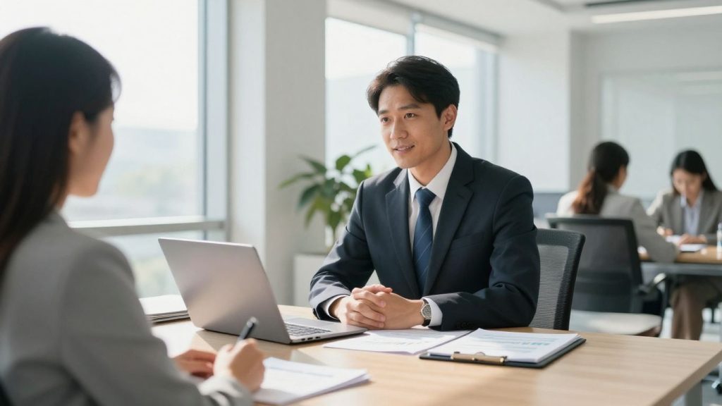 Insurance broker in office with laptop and documents.