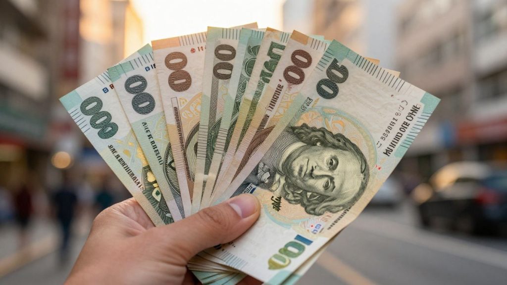 Forex trading success with money and city backdrop.