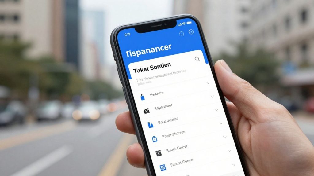 Hand holding smartphone with financial app, cityscape background.