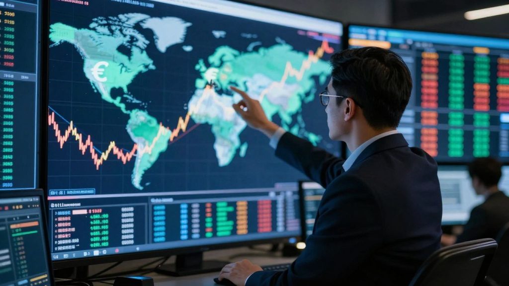 Forex trading simulator with abstract currency exchange visuals.