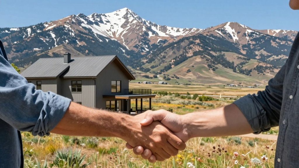 Colorado real estate broker handshake with mountain backdrop.