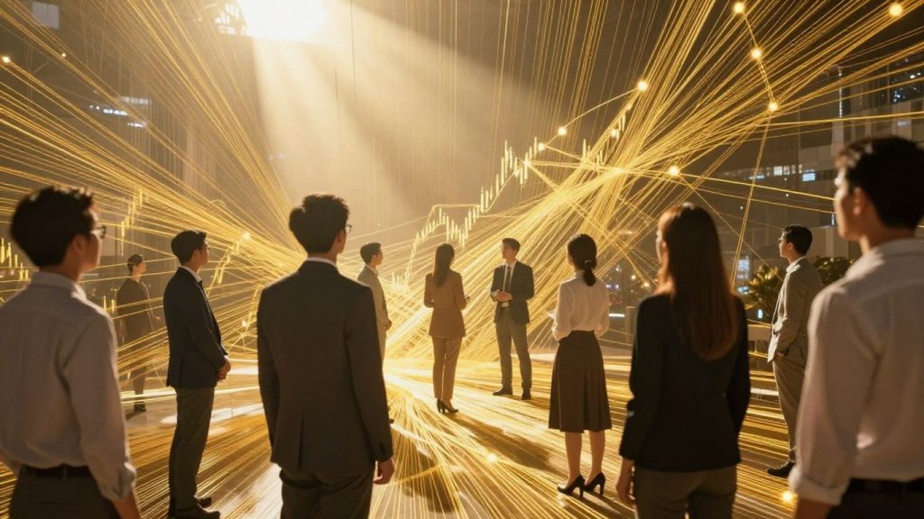 Investors navigating a bright, abstract financial landscape with golden threads.