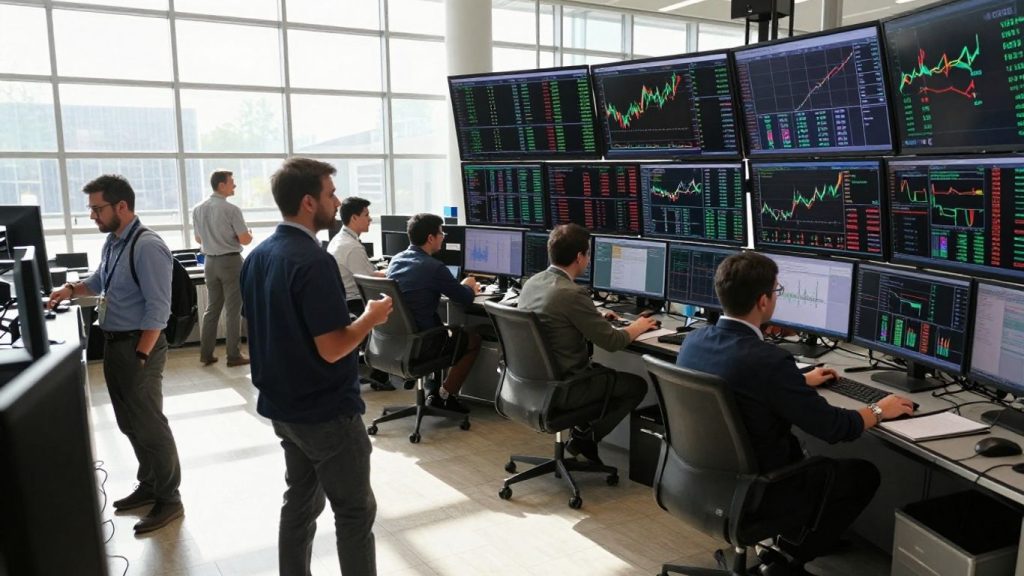 Trading floor with upward trends and sunlight.