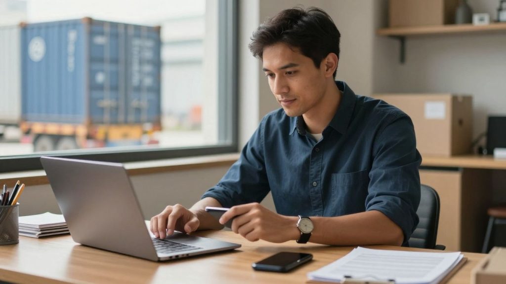 Freight broker working at desk with logistics tools