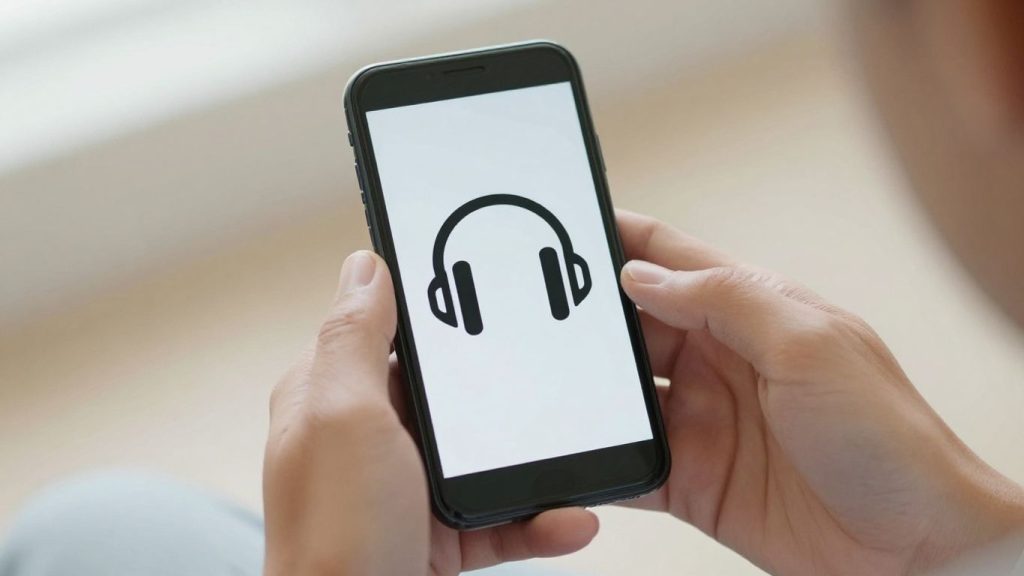 Hands holding phone with support icons.