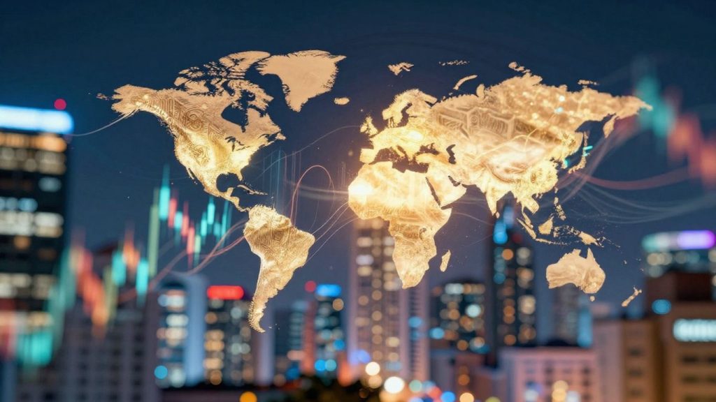 Forex trading concept with cityscape and light trails.