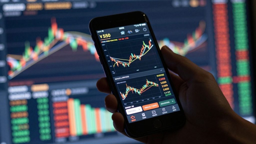 Trading stocks on a mobile platform.