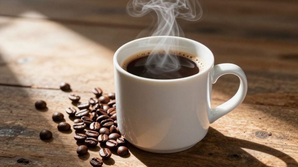 Coffee beans and steaming mug on a wooden table.