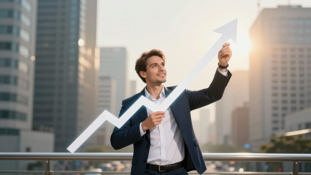 Beginner trader achieving financial success with upward arrow.