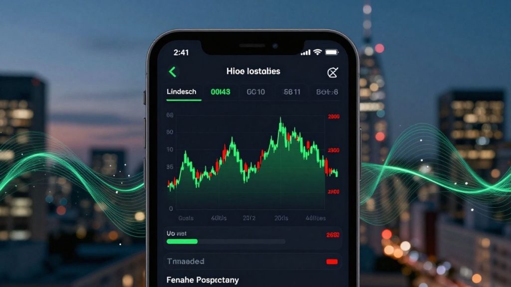 Smartphone trading app interface with market indicators.