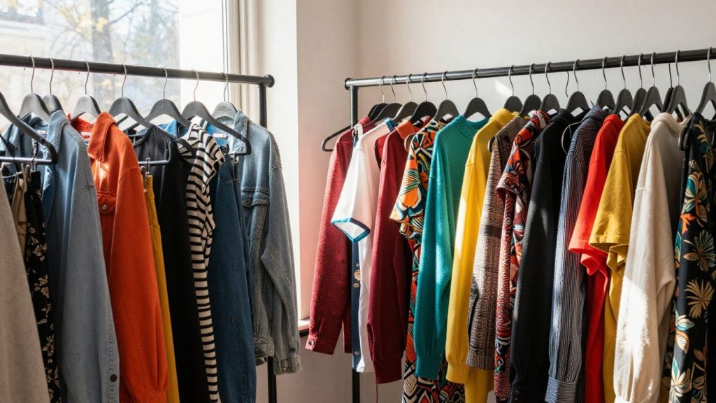 Colorful clothing racks at Crossroads Trading Company.