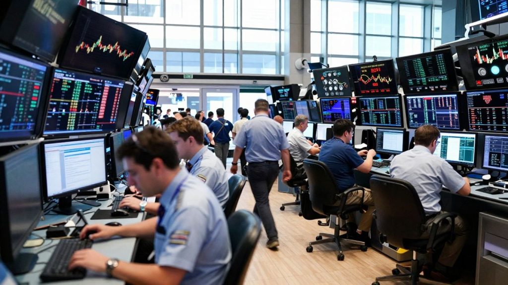 Traders on a busy trading floor during market events.