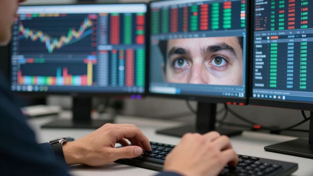 Trader focused on live stock market data on screens.