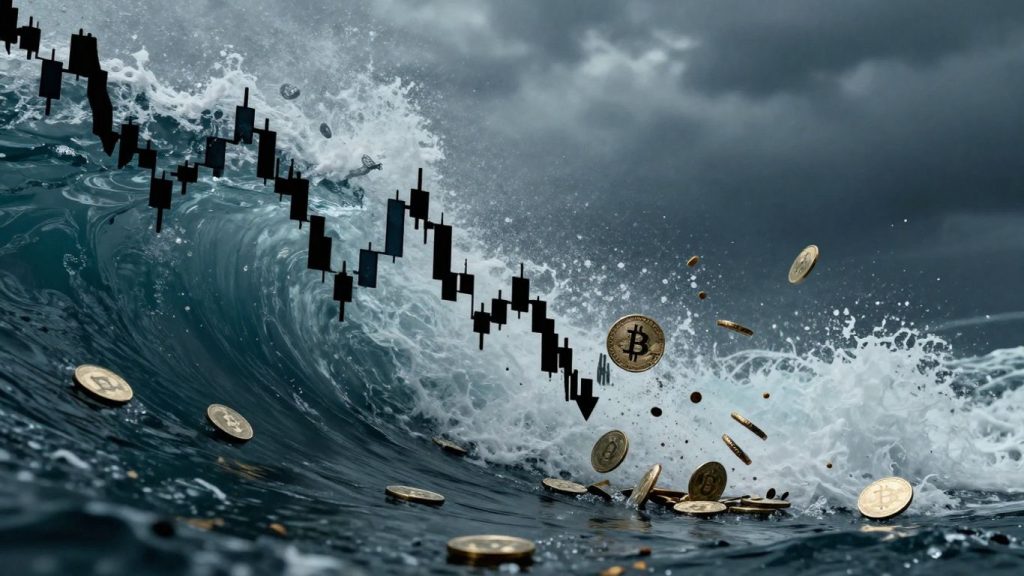 Crashing cryptocurrency market wave with dissolving digital coins.